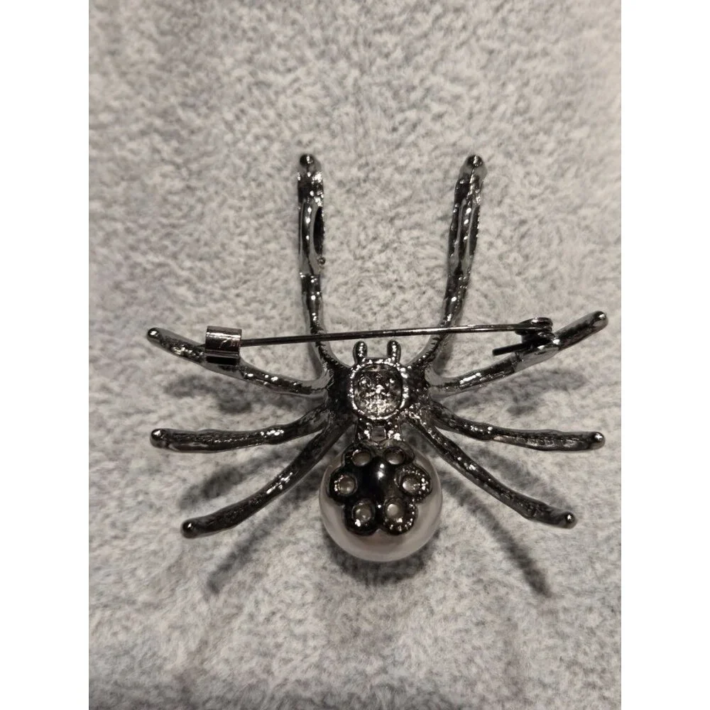 Gunmetal Spider Pendant Brooch Faux Silver Pearl Body & Black Rhinestone 2x1.75" - Picture 3 of 13